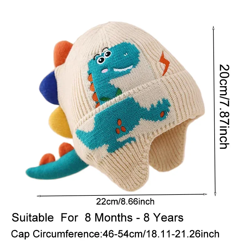 Cartoon Dinosaur Kids Earmuffs Hat Winter Warm Knitted Beanie Cap for Boy Girl Cute 3D Solid Color Toddler Ear Protection Caps