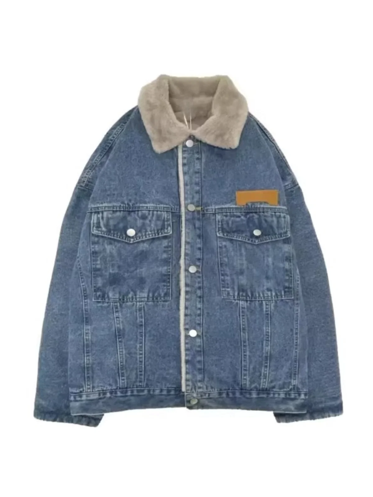 جاكيت دنيم رجالي على الطراز الياباني مبطن بالصوف السميك وفضفاض، معطف شتوي دافئ وعصري من ماركة رائجة #5