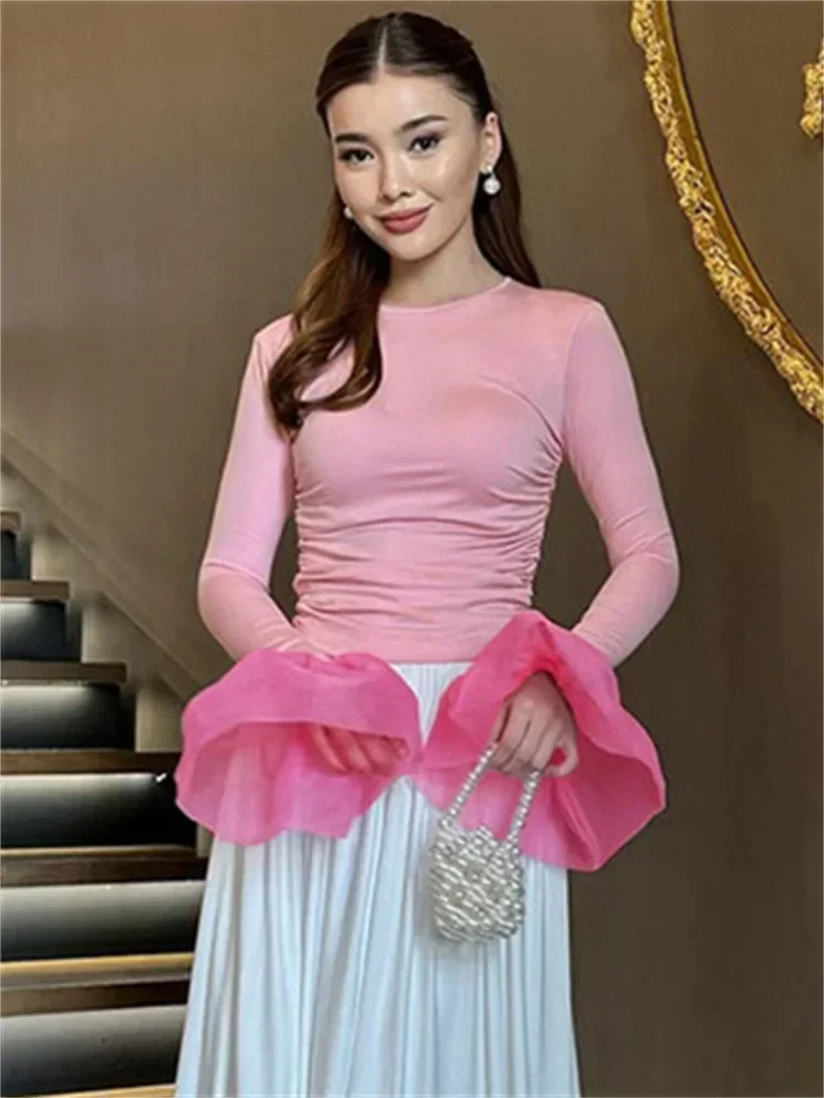 Mesh Ruffled Patchwork T-shirt Top For Women Long Sleeve High Waist Cropped Top Pullover Streetwear Female Slim Y2k Top