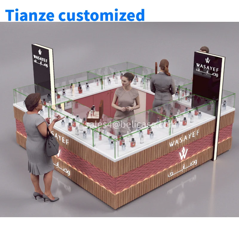 （customized）Exclusive Showcases Perfumes Arabesque Style Glass Perfume Display Cabinet Shopping Center Perfume Display Kiosk