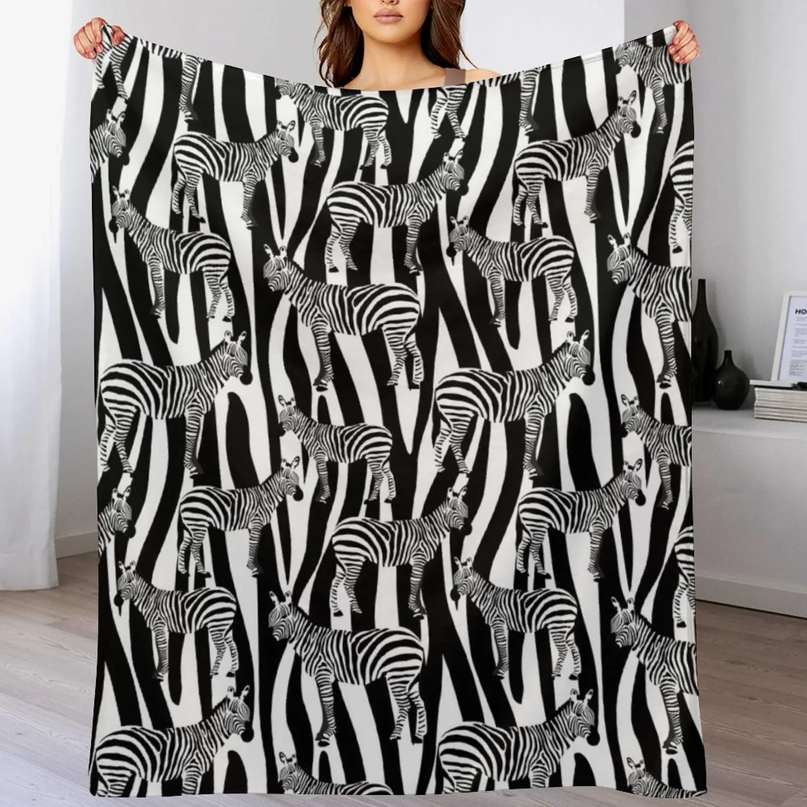 Zebras on Zebra Stripes Throw Blanket Color Fast Cozy Throw Blanket