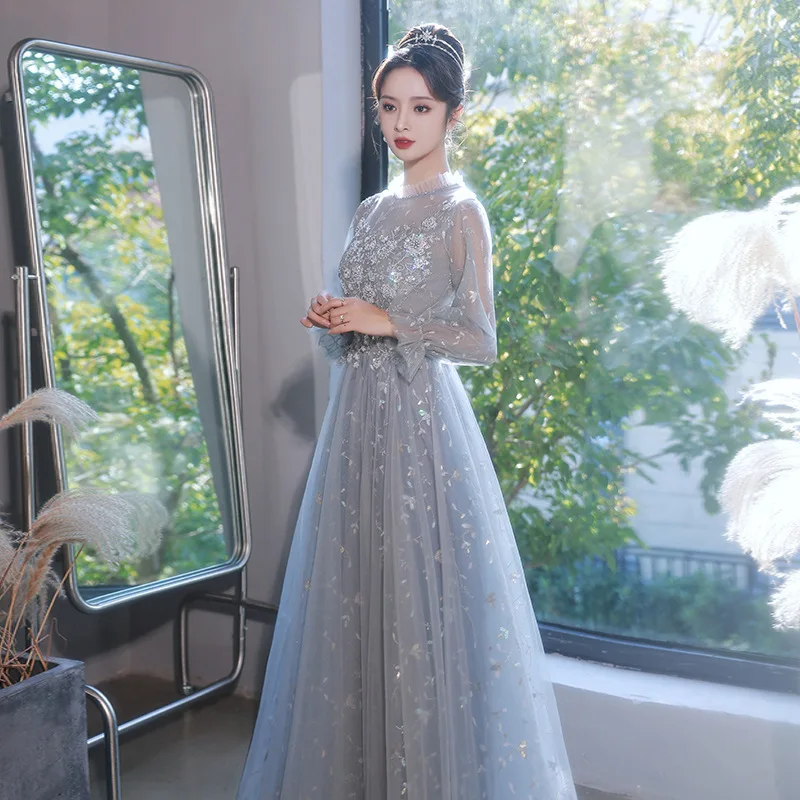 Gray Blue Sexy Applique Lantern Sleeve Back Zipper A-Line Evening Dress Bride Bridesmaid Wedding Tulle Prom Gowns Vestidos