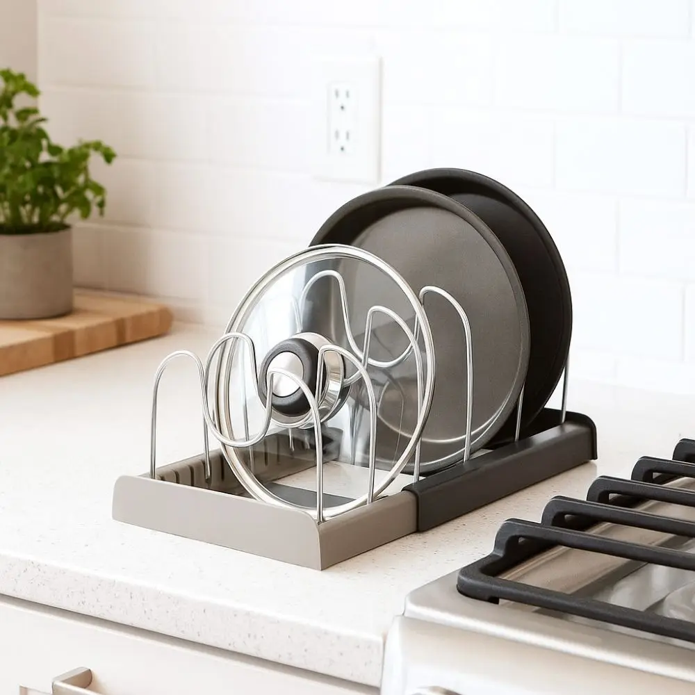 

Stainless Steel Pot Lid Holder Expandable Adjustable Dish Drying Rack Telescopic Space Saving Pot Cover Storage Rack Pantry