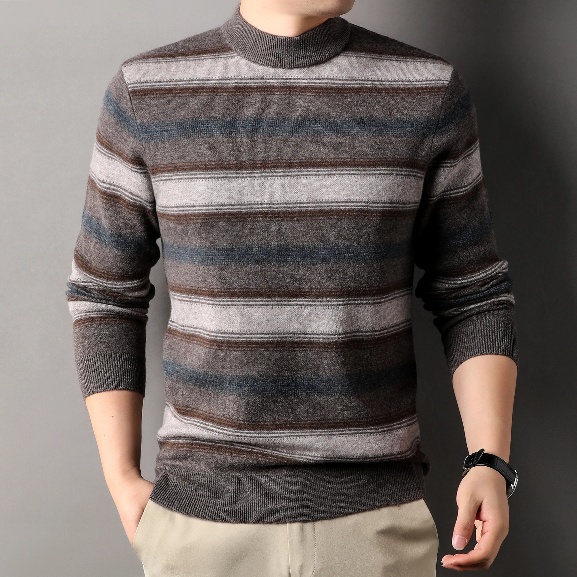 メンズ長袖カシミヤセーター,厚手のワイドストライプセーター,暖かいジャンプスーツ,100% シープウールニット