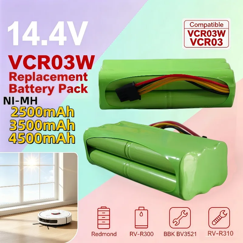 High Capacity 14.4V NI‑MH Rechargeable Battery For VCR03 VCR03W Redmond RV‑R300 RV‑R310 BBK BV3521 Robot Cleaner