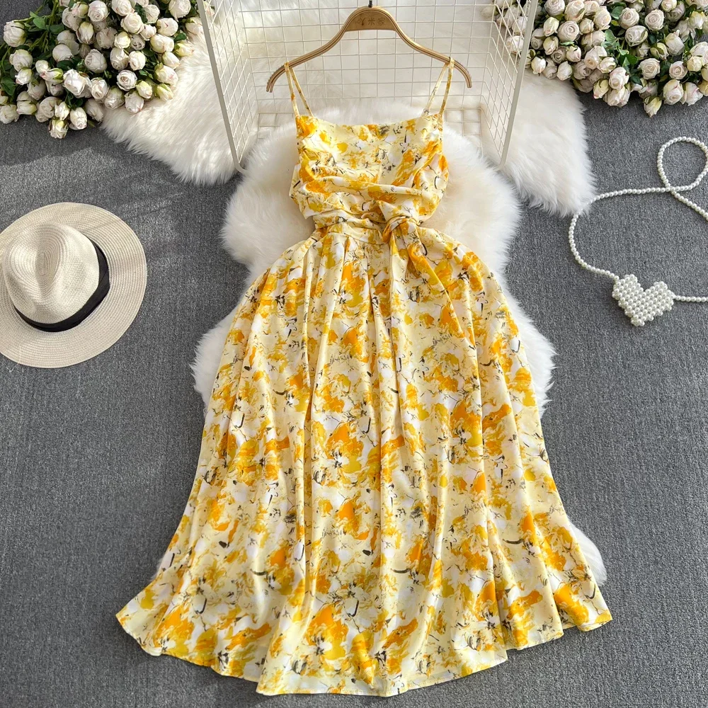 2024 New Summer Romantic Floral Print Long Dress Vintage Rose Print High Waist Spaghetti Strap Summer Dress Lady Beach Sundress