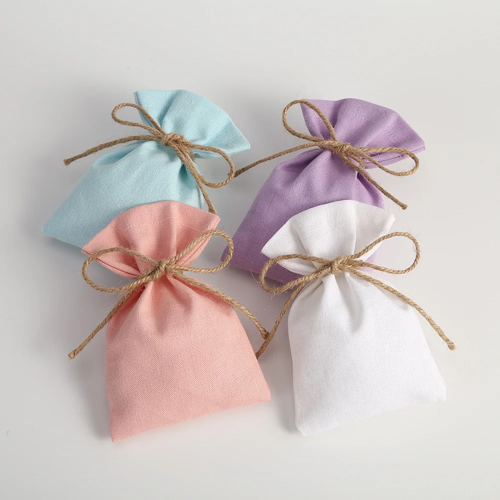 50Pcs/lot Drawstring Linen Cotton Bags Birthday Party Candy Wedding Gift Pouches Storage Packaging Pouch Custom Logo Print