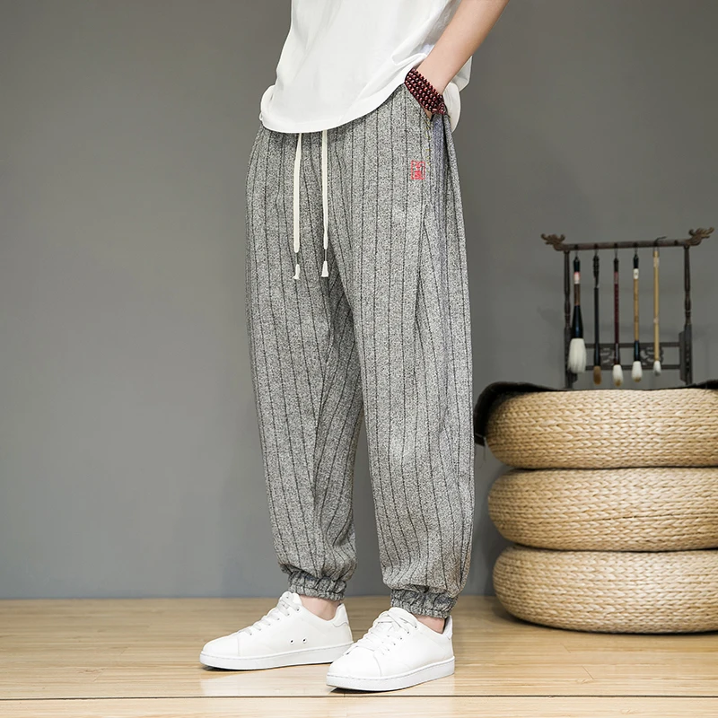 Spring Summer Pants for Men Comfortable and Breathable Cotton and Linen Casual Pants Fashion Stripe Harem Pants Man