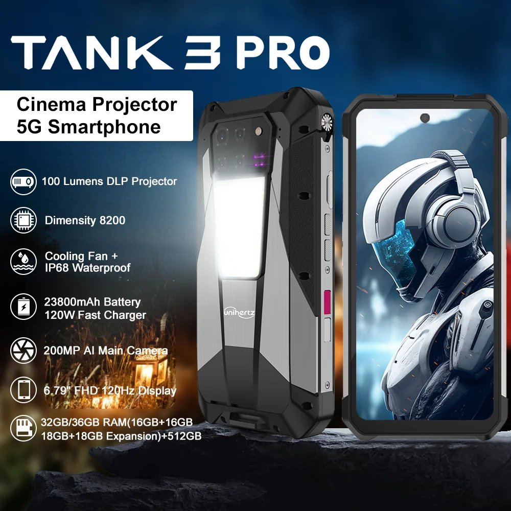 Unihertz Tank 3 Pro 8849 Rugged 5G Phone with 100 Lumens Projector Android 14 32GB 512GB 23800mAh Waterproof Phone WIFI 6 NFC