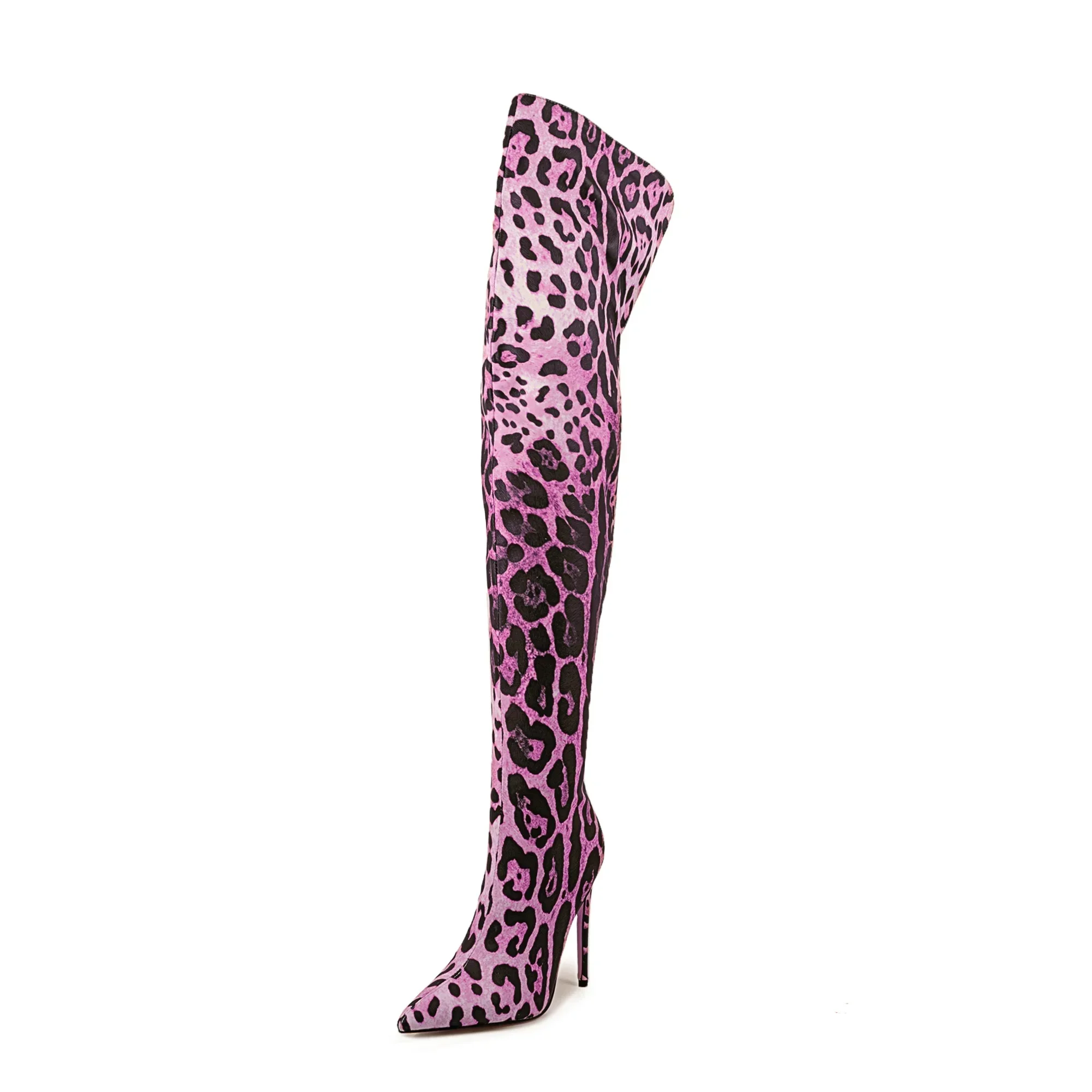 European and American Sexy Leopard Print High-heeled Knee High Boots for Women\'s Fashion Shows, Plus Size Color Blocked Shoes