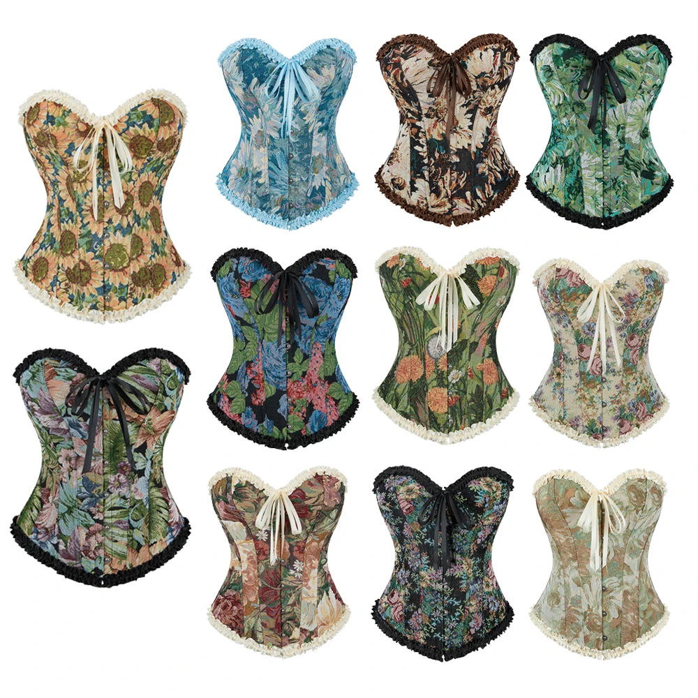 

Retro Overbust Corset Monet Oil Painting Floral Bustier Top 12 Fishbones Vintage Basques Korset