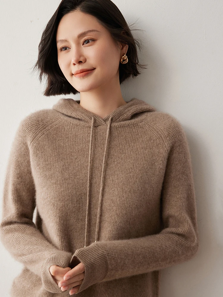 

Women's Pure Cashmere Hooded Sweater Autumn Winter Thick Warm Pullover Knitwear O-Neck Comfort Solid Basic Long Sleeve Tops