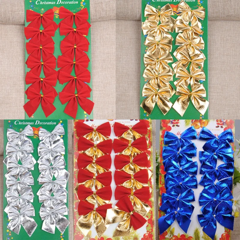 12pcs/lot Craft Bows DIY Christmas Tree Decorations Bows For Crafts Christmas Bows Gold Silver Red Bowknot Home Decoration