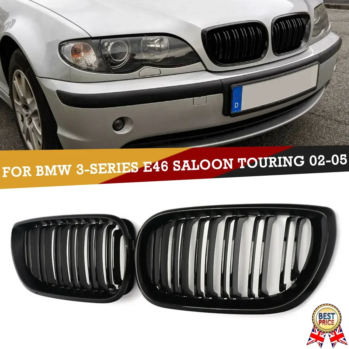

Pair Gloss Black Front Kidney Grille Grill For BMW E46 320i 325i Sedan 2002-2005