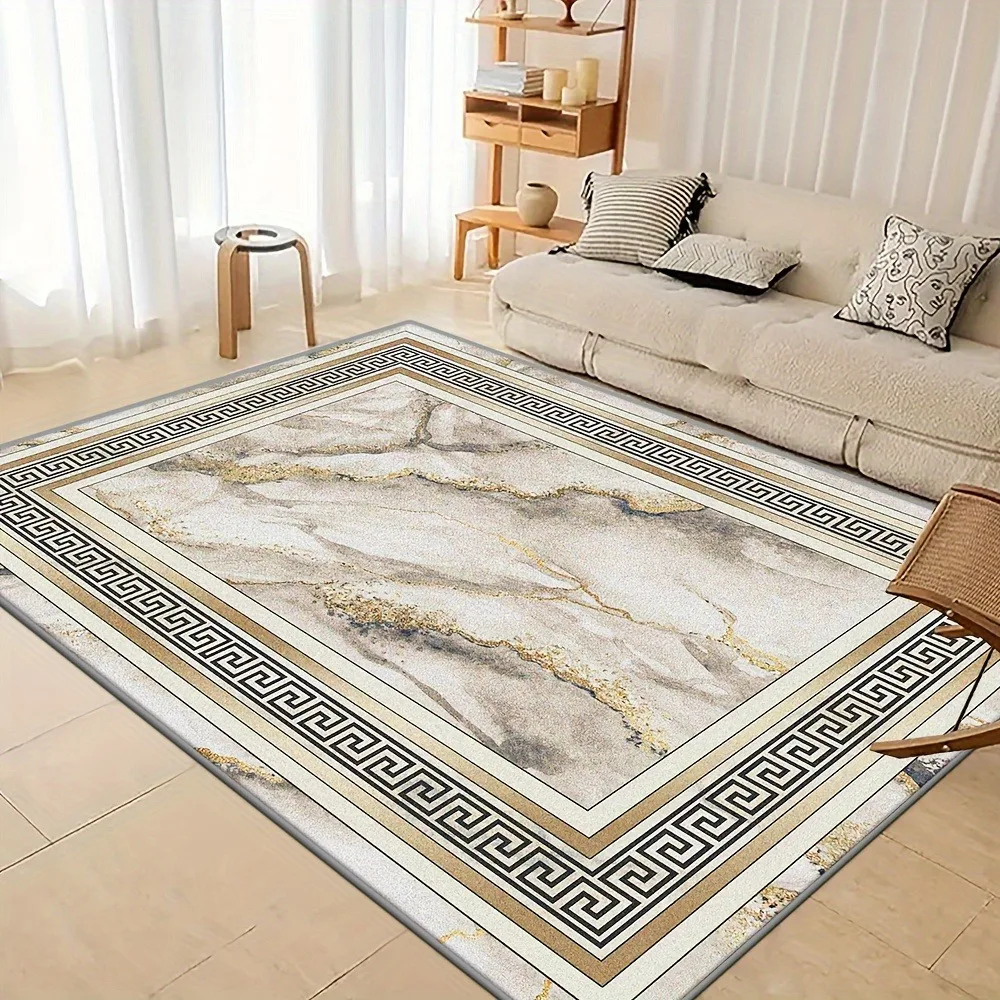 Luxury Marble Texture Floor Mat - Gold Frame Pattern with Delicate Edge Decorative Rug, Non-Slip Entryway Runner for Living Room