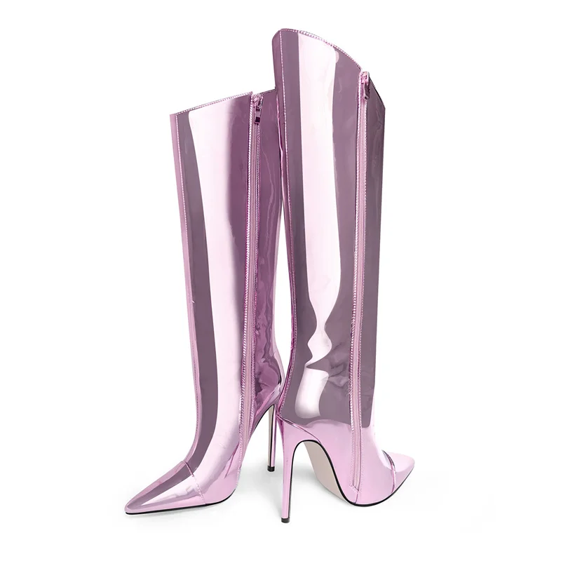 Onlymaker Women Stiletto Knee High Boots Metallic Purple Gold Patent Leather Fashion Party Dress Thin Heels Fashion Boots