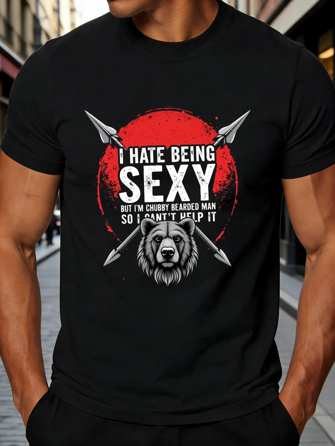 Casual Graphic Men's T-Shirt with Bear and Spear Design, Featuring the Eye-Catching Text 