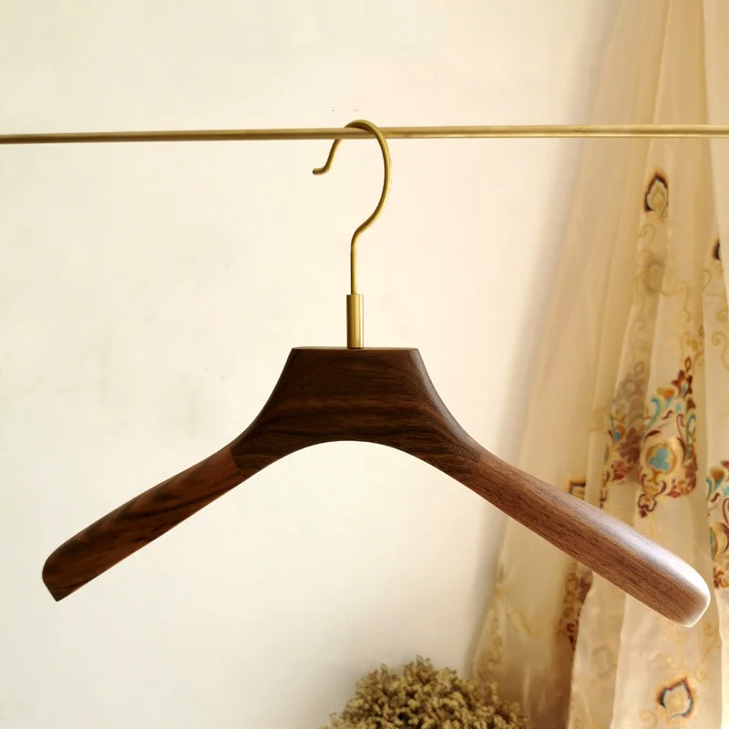 Solid Wood Suit Hangers Brass Household Winter Coat Hangers Black Walnut Clothing Shop Display Rack