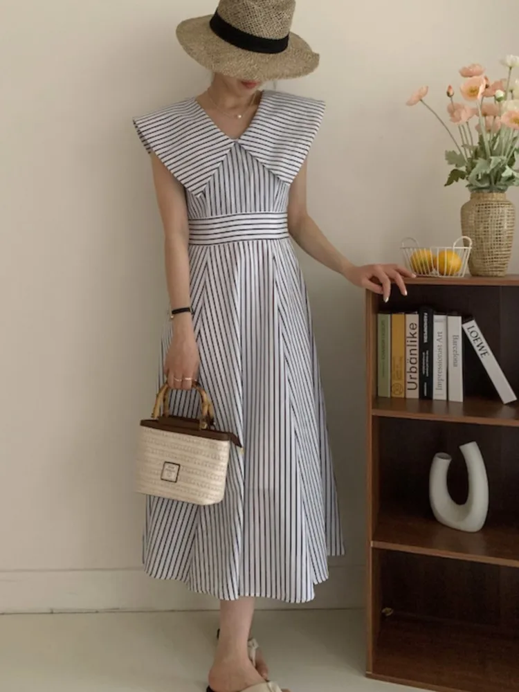 Summer Striped Print Sleeveless V-Neck Midi Dress Women Slim Waist Fashion Ladies Dresses Ruffle Pleated Korea Style Woman Dress