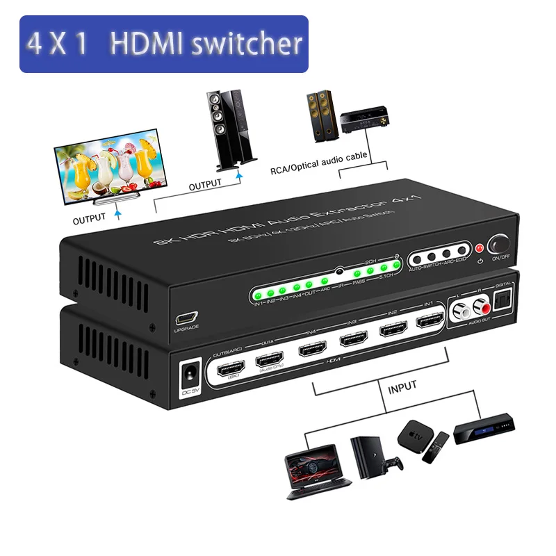 محول محول متوافق مع HDMI 8K HDR مستخرج الصوت 4X1 HDR محول مقسم الفيديو 4K @ 120 هرتز/8 كيلو @ 60 هرتز HUB