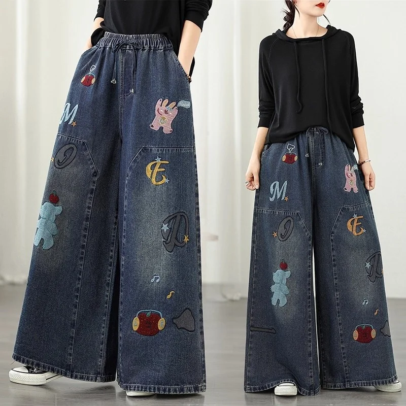Damen-Jeans mit weitem Bein, hohe Taille, weiche Denim-Hose, große Größe, Vintage-Retro-Freizeithose mit Cartoon-Stickerei, w1371
