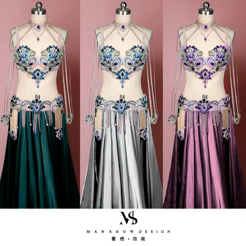 Customized Sexy and Colorful Performance Competition Set for The Belly Dance Costume Bra Belt Long Skirt