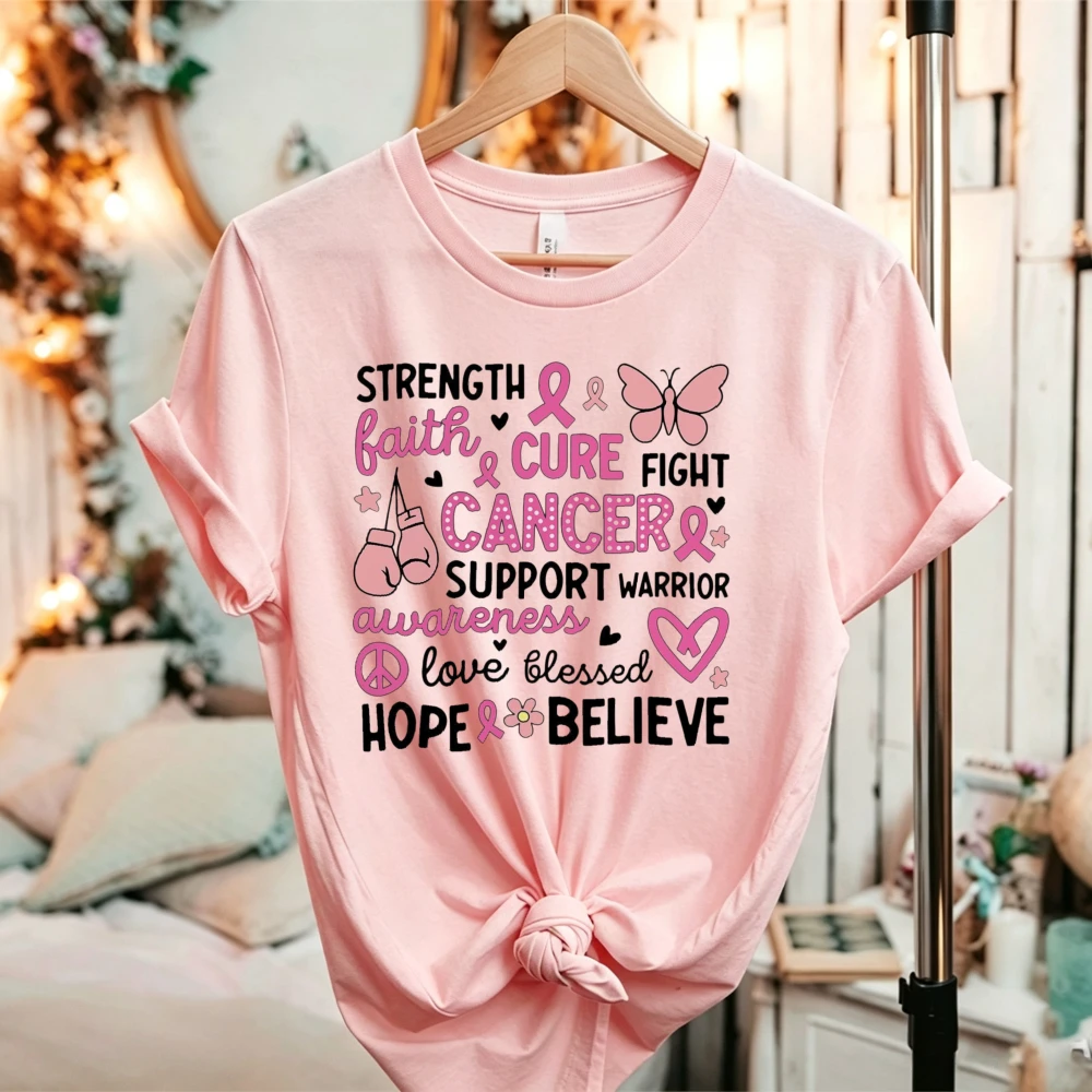 Strength Faith Cure Fight Cancer Pink Ribbon Butterfly T Shirt Women Breast Cancer Awareness Warrior Support Graphic Tee Tops