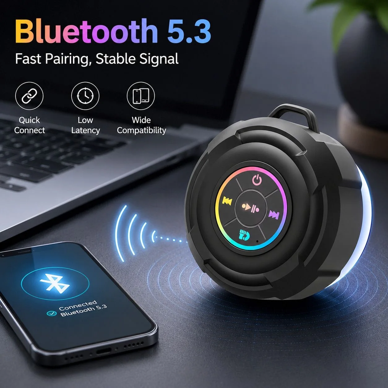 Mini Portable Bluetooth Speaker Stereo Suction Cup Shower Waterproof LED Lights With Lanyard For Outdoor Camping Beach Pool