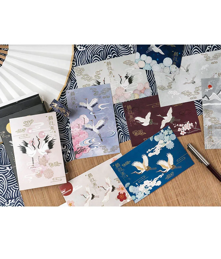 30Pcs White Crane Themed Postcards Stationery Greeting Card Gift Blessing Message Lettercard That Can Be Mailed Postal Card Wish