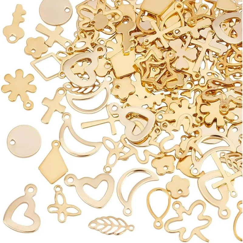 

120pcs 20 Styles Stainless Steel Golden Charm Clover & Heart Key Dolphin Moon Star Dragonfly Butterfly Leaf