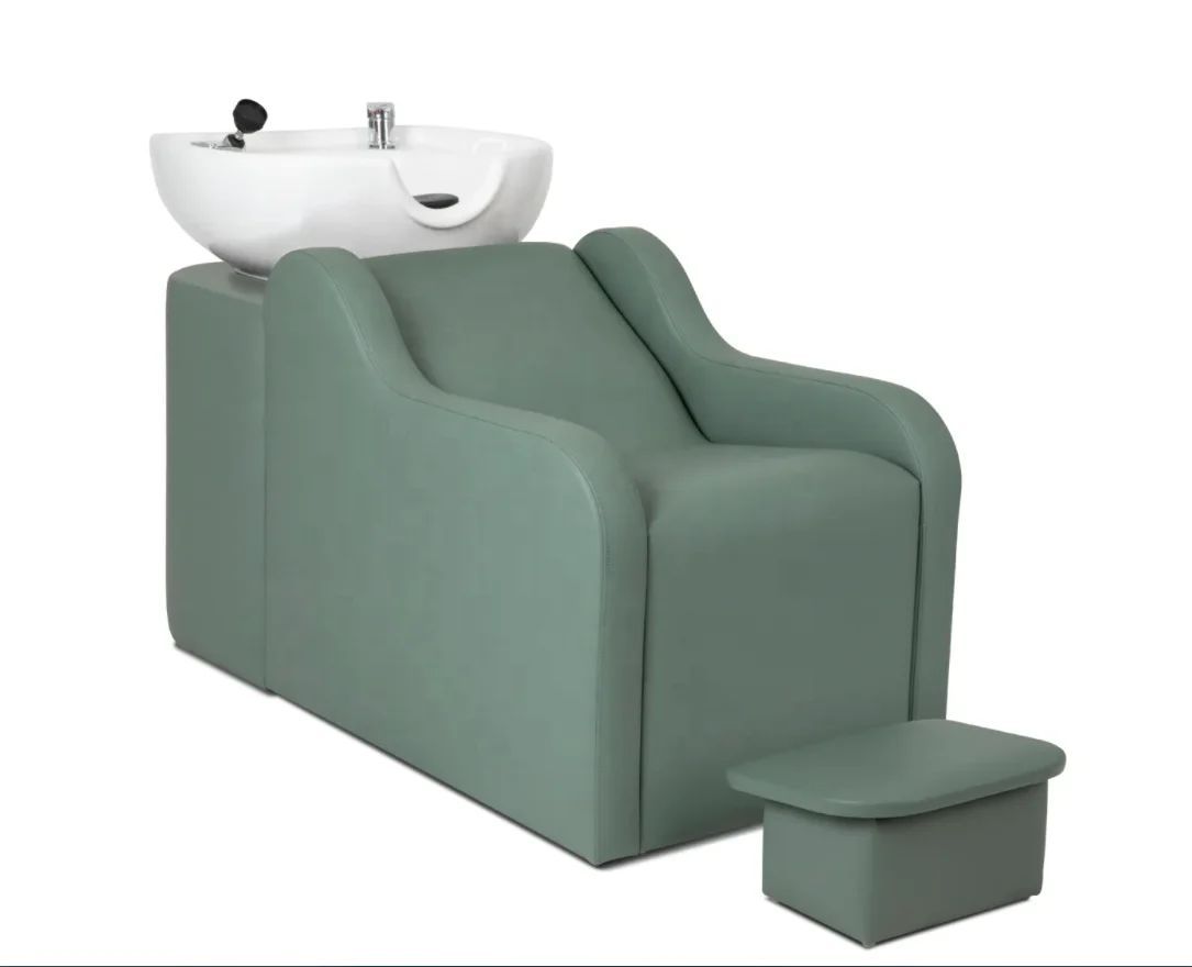 Green salon shampoo chair with foot stand Ceramic shampoo bowls sink and chairs Hair salon wash chairs for barber shop