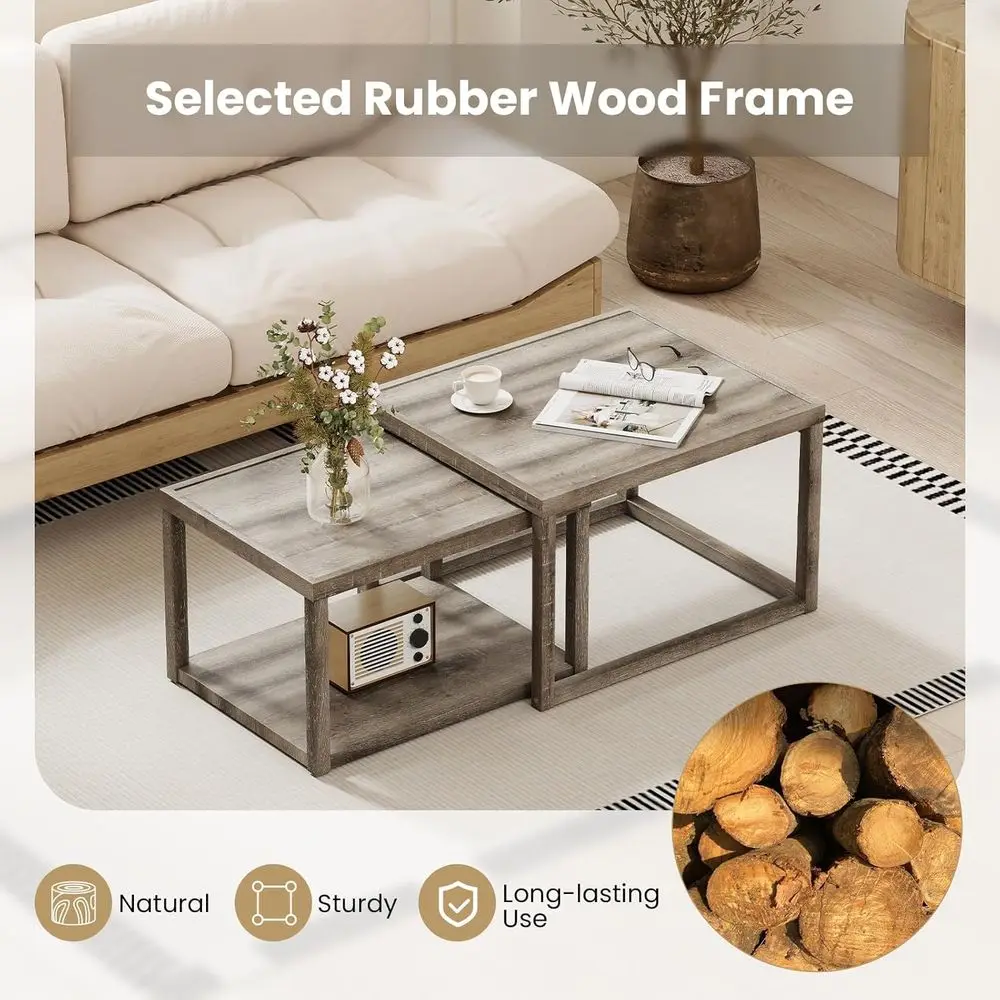 2-Piece Nesting Coffee Table Set, Stackable 2-Level End Tables with Storage, Rubberwood Frame, Grey Oak Finish, Ideal for Small