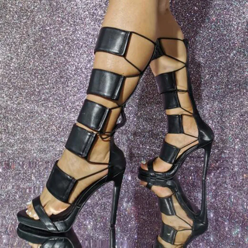 

Sexy Black Matte Leather Cross Tied Cut Outs Straps Knee High Sandals Boots Summer Open Toe Thin Heels Modern Boots Woman
