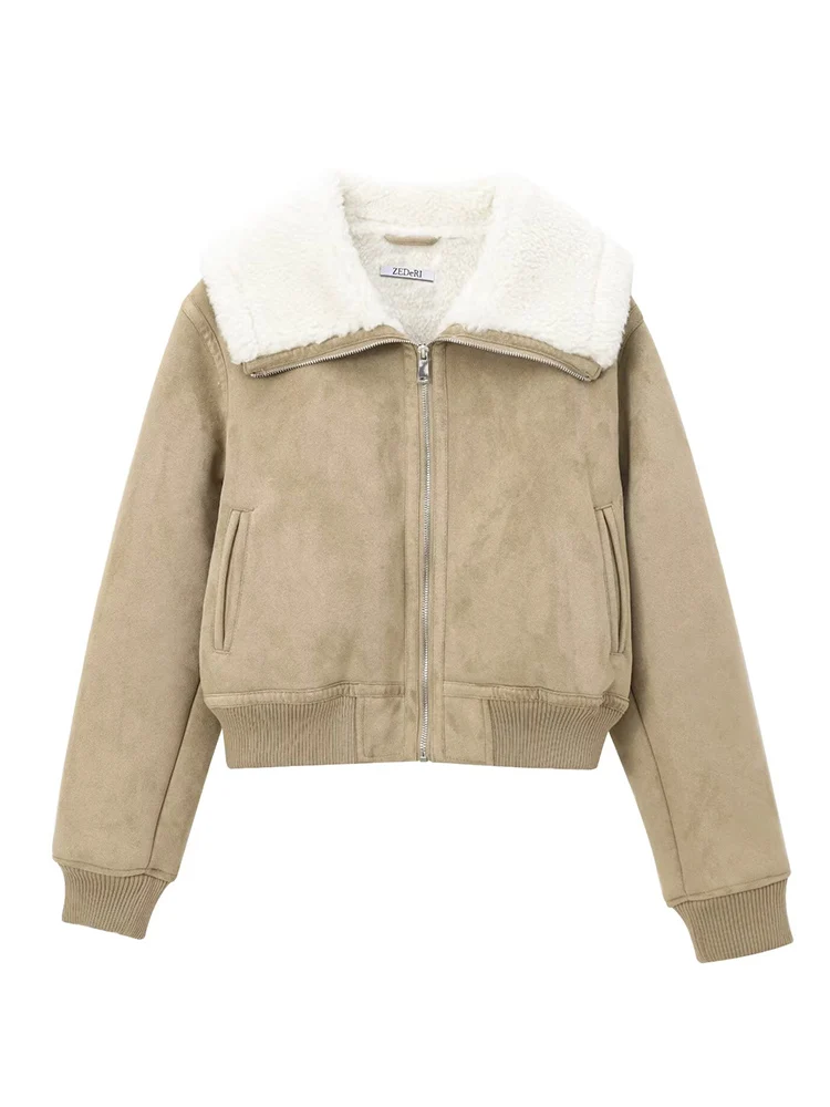 

Autumn Winter Women New Suede Lapel Zipper Jacket Fashion Women's Long Sleeve Solid Color Simple Casual Street Short Coat Women