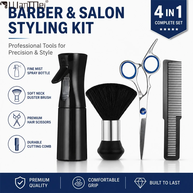 Professional Barber Styling Hair Cutting Tools Set Fine Mist Spray Bottle Soft Neck Duster Brush Hair Scissors Comb Salon&Home