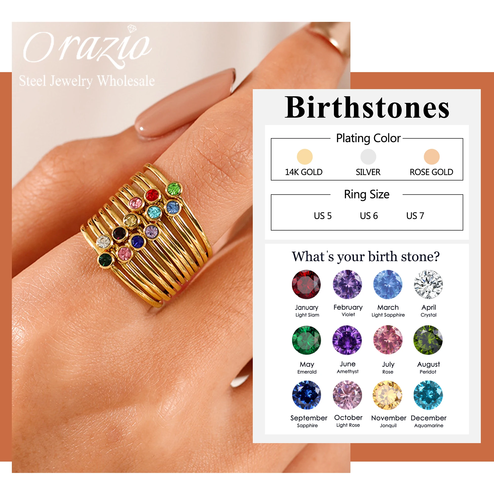 Orazio Birthstone Rings for Women Stainless Steel Zircon Classic Design Gold Plated Band  Wedding Party and Gifts Wholesale