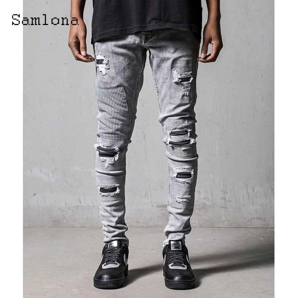 2025 الرجال هول ممزق الجينز نحيل الدنيم السراويل ربيع الخريف موضة المسامير بنطلون الرجال عادية الشارع قلم رصاص ديمين السراويل جديد #1