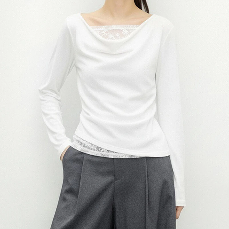 

Шикарная футболка с длинным рукавом, кружевными вставками и облегающим кроем, в корейском стиле, с воротником-стойкой, белая, с боковыми складками, весенне-летняя.