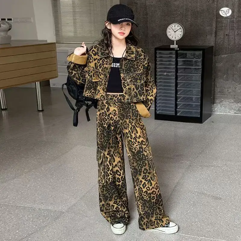 

Leopard Print Set for Girls Spring and Autumn Children's Clothing Big Children's Stylish Casual Jacket+work Pants Two-piece Set