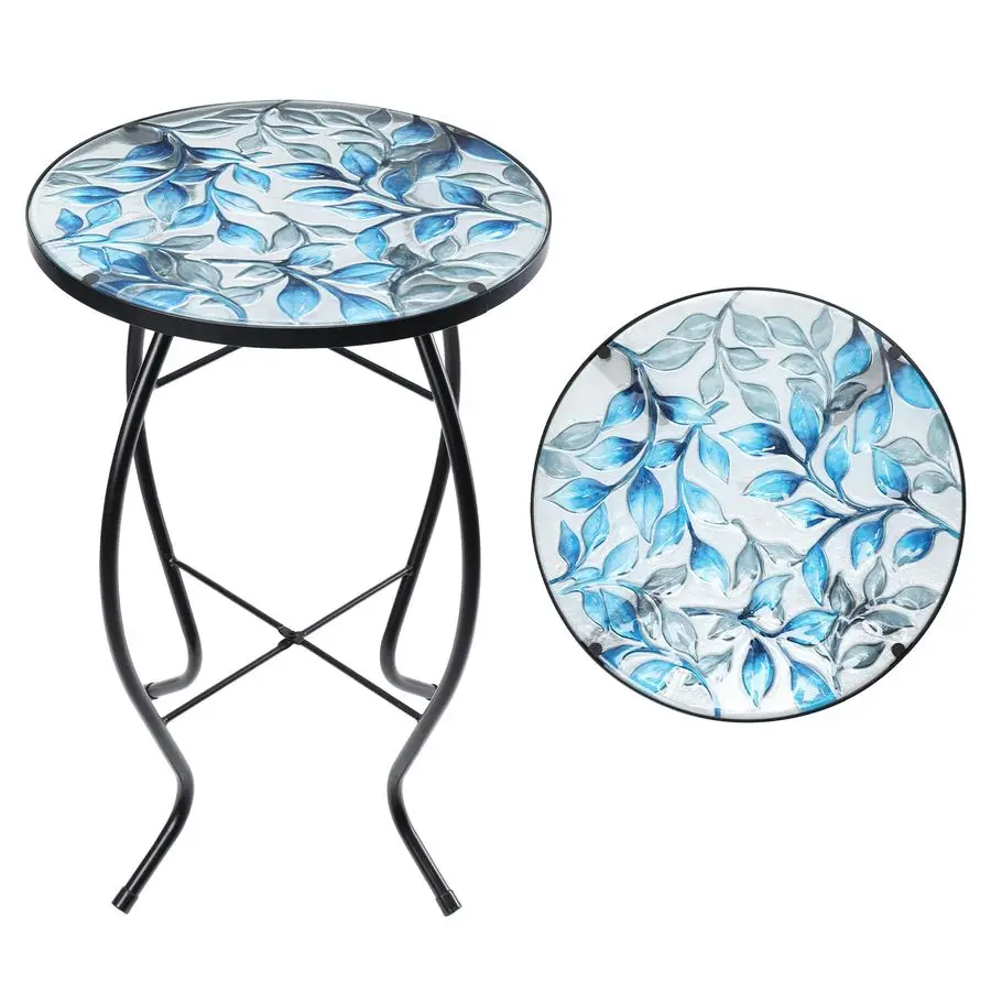 

Side Patio TablesMosaic Outdoor Side Table 14 Blue and Transparency Leaf Glass Accent Round EndTable, Plant Stand Indoor Small C