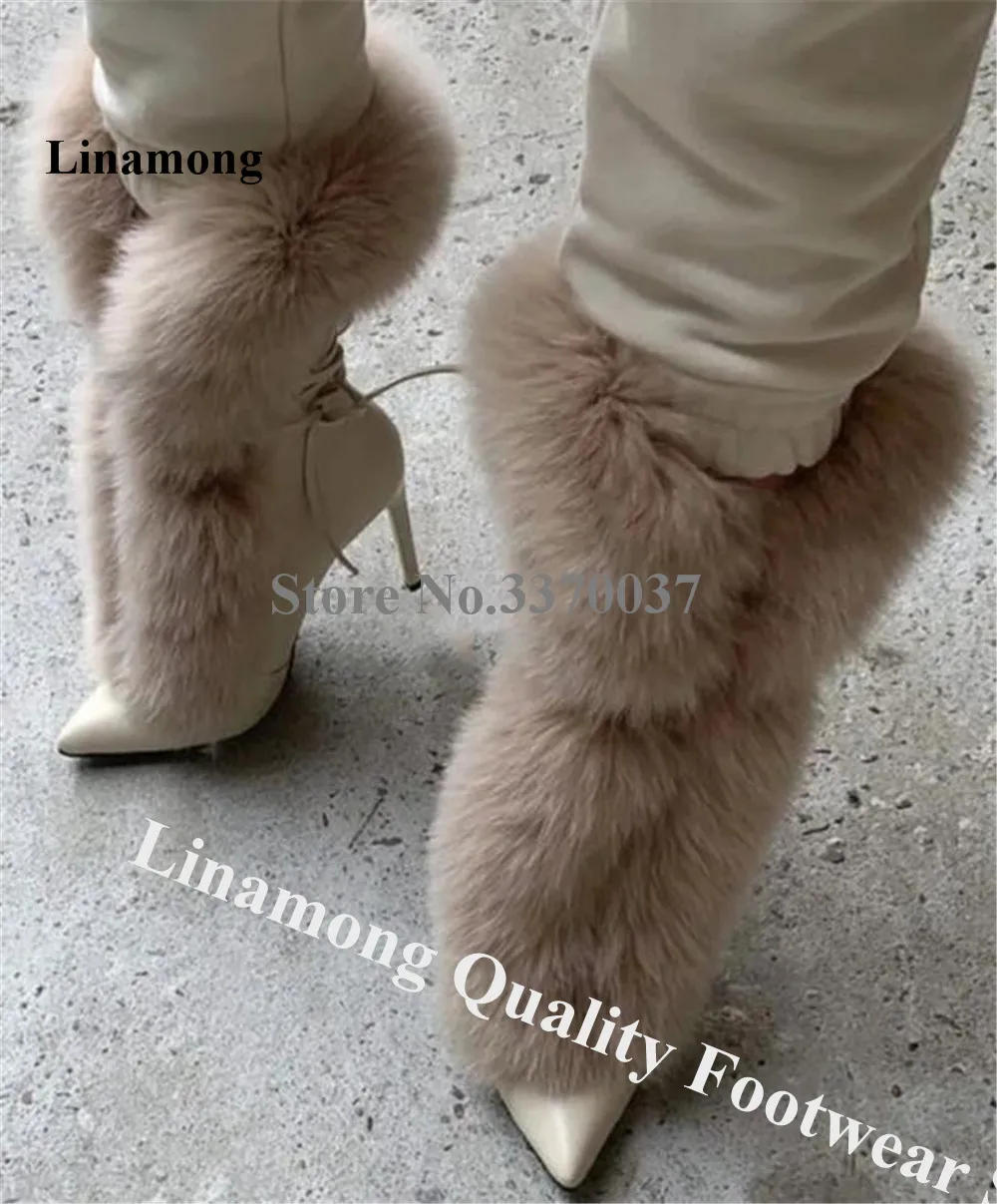 

Linamong Элегантные бежевые и белые ботинки до середины икры на шпильке с острым носком и меховой бахромой Зимние ботинки на тонком каблуке большого размера
