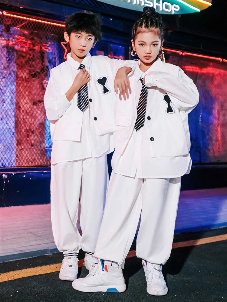 Loose Long Sleeves Hip Hop Clothes Girls Jazz Street Dance Performance Stage Costume Boys Children White Shirts Pants