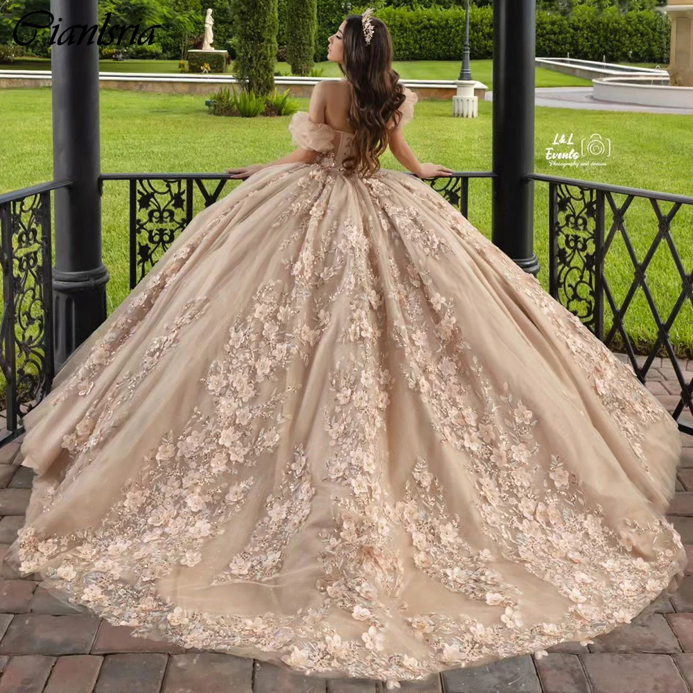 Champagne Detachable Sleeve Crystal Beading Ball Gown Quinceanera Dresses 3D Flowers Appliques Lace Corset Vestidos De 15 Años