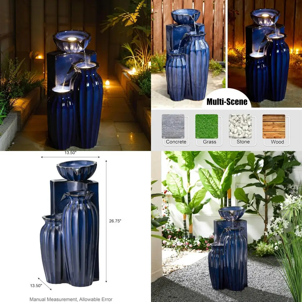 

Cobalt Blue Ceramic Outdoor Water Fountain with LED Lights and Pump, Fluted Texture Cascading Floor Standing