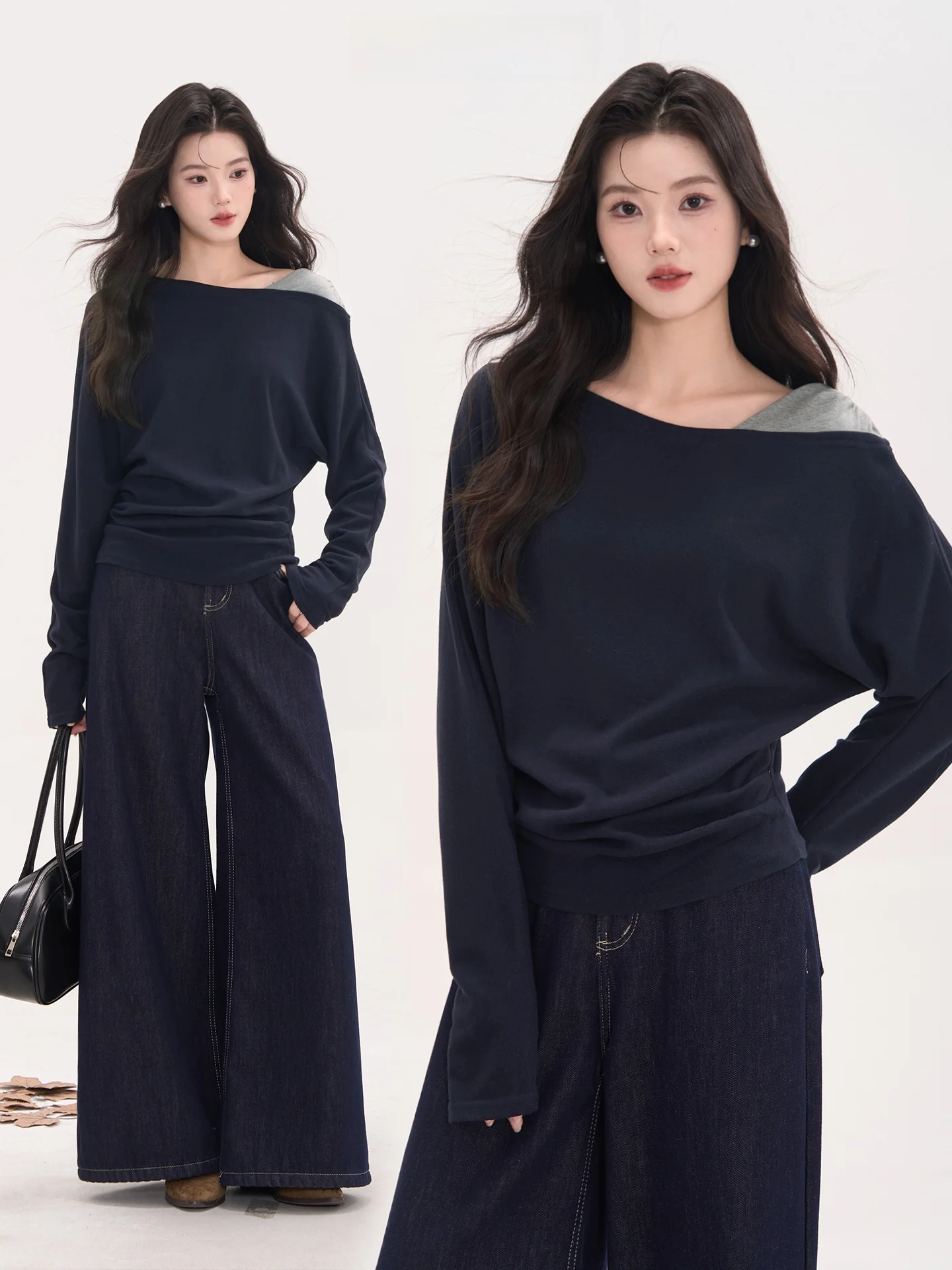 

Женский топ свободного кроя с эффектом похудения, повседневный, с цветными вставками, длинный рукав, имитация камеры...