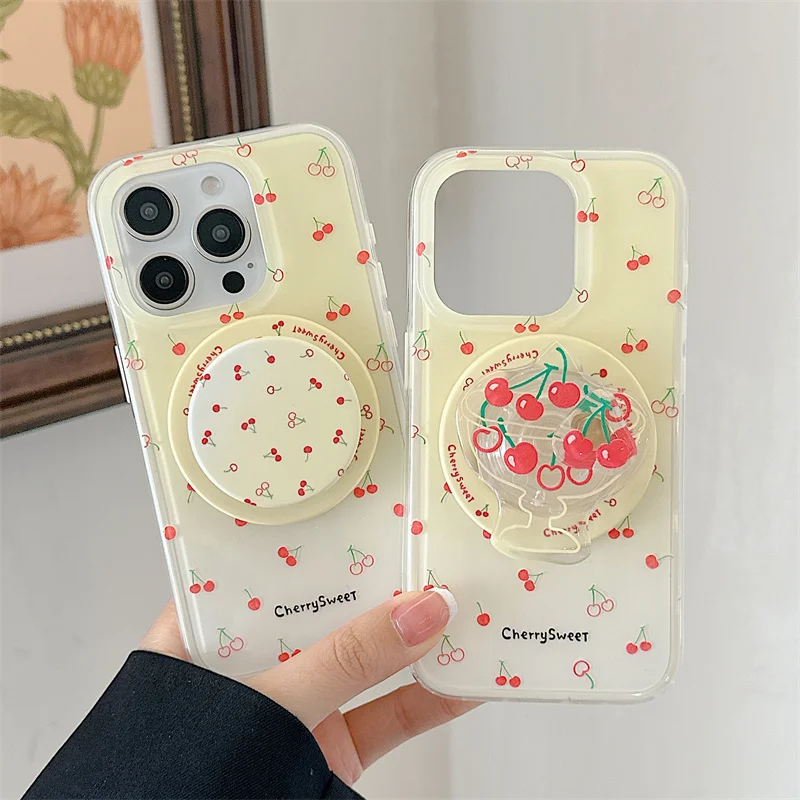 

Korean Ins Cute Cherry Magnetic Stand Holder Phone Case for iPhone 16 Pro 15 14 Pro Max 15Pro Cover Cases for Magsafe Grip Funda