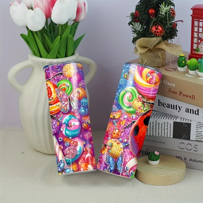 1pc 20oz Straight Stainless Steel Insulated Tumbler with 3D Ladybug and Colorful Candy Fun Pattern, Portable Travel Mug. Suitable for Hot and Cold Drinks. Includes Tumbler, Lid, and Straw. Perfect for Home, Travel, and Outdoor Use. A Great Gift