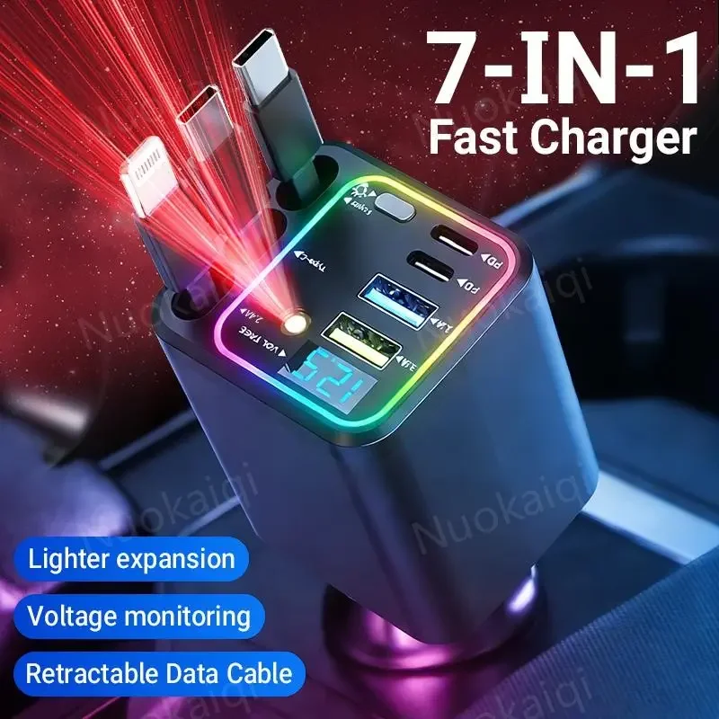 5 In 1 Car Charger 66W Fast Charging Retractable Cable PD30W QC22.5W LED Voltage Display for iPhone Android