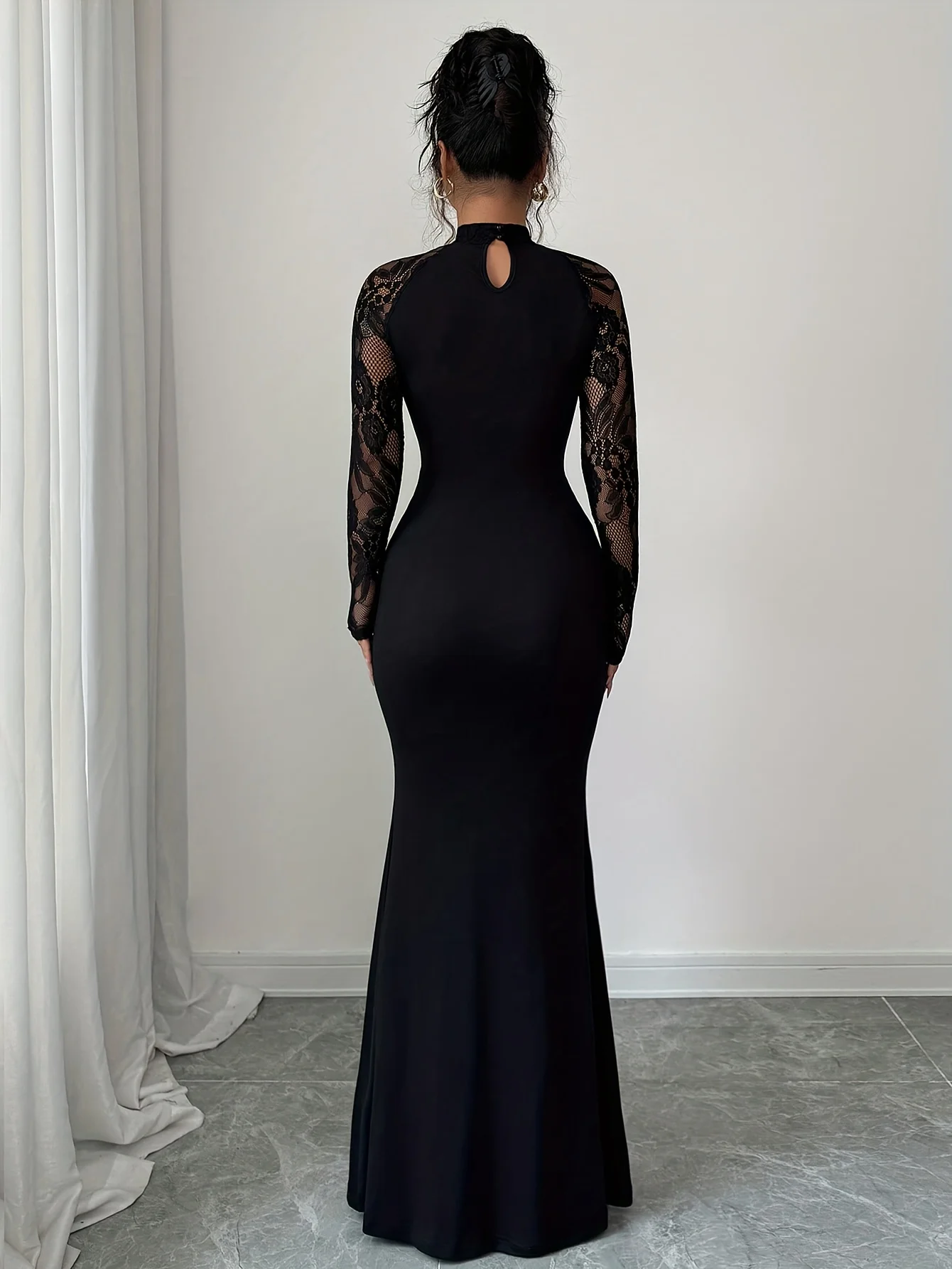 فساتين للنساء فستان جديد بأكمام طويلة وياقة ثابتة فستان نسائي ضيق من الدانتيل الأسود فستان نسائي من Vestidos De Verano Mujer Q2111 #2