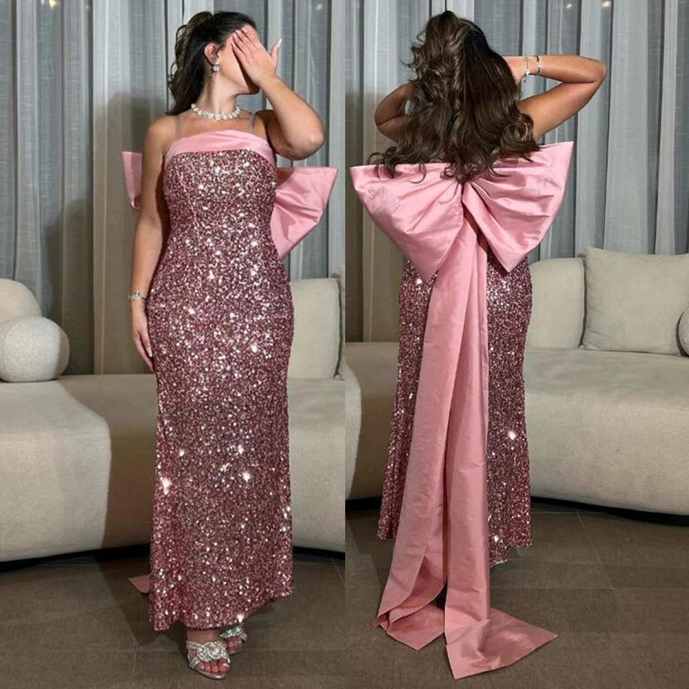 Sexy Strapless Prom Vestido com Bow, sem encosto, sem mangas, tornozelo-comprimento, Vestidos de Festa, requintado